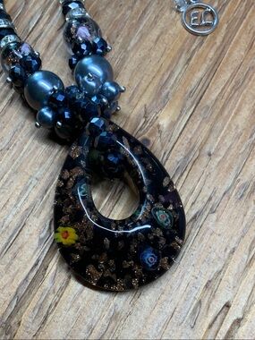 Erica Lyons Dark Floral Oval Glass Pendant Beaded Necklace